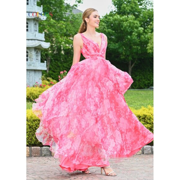 NEW Pink Floral Ruffled Chiffon Prom Dress 16 - Picture 5 of 10